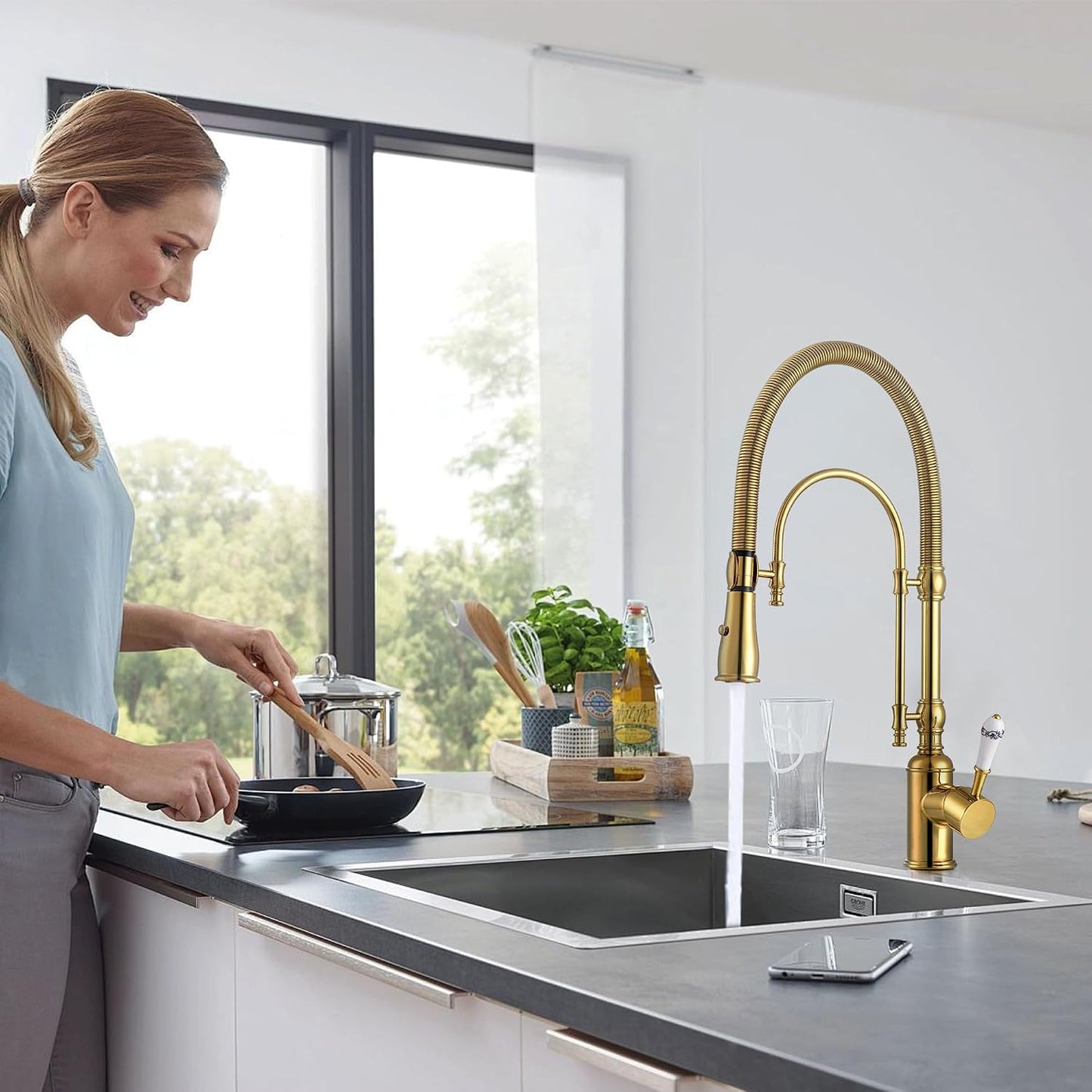 Grifo cocina estilo granja con rociador desplegable