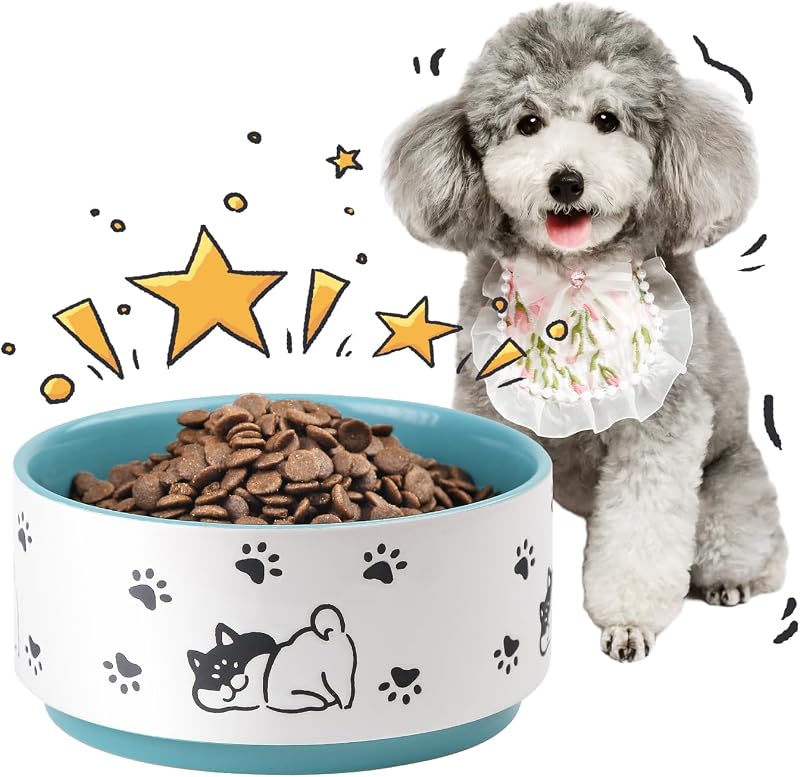 Cuenco cerámica perros 6pulg comida agua 30oz verde azulado