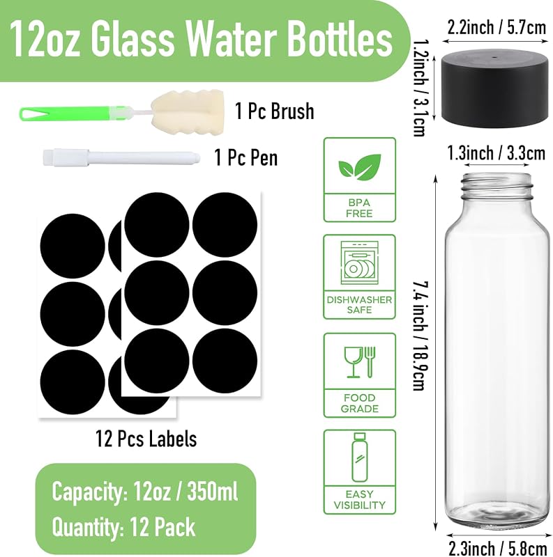 12 Botellas Vidrio 12oz Tapas Negras Recipientes Reutilizables