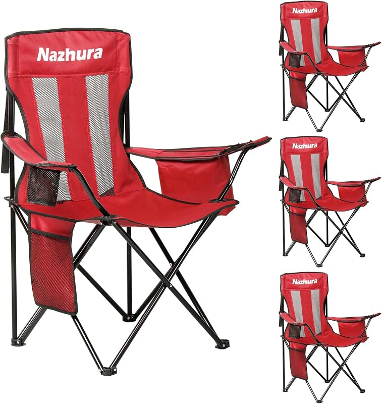 4 Sillas Camping Plegables con Bolsa Malla Rojo