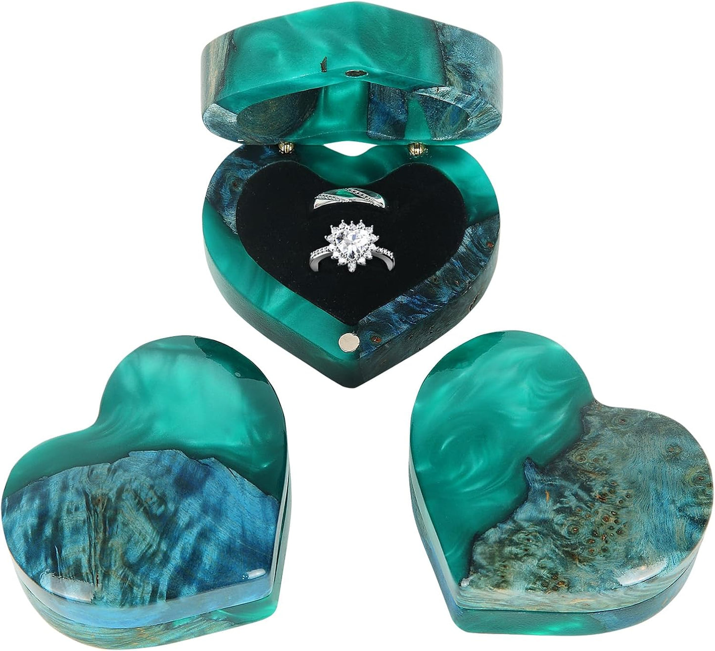 Caja anillo corazón madera resina terciopelo verde