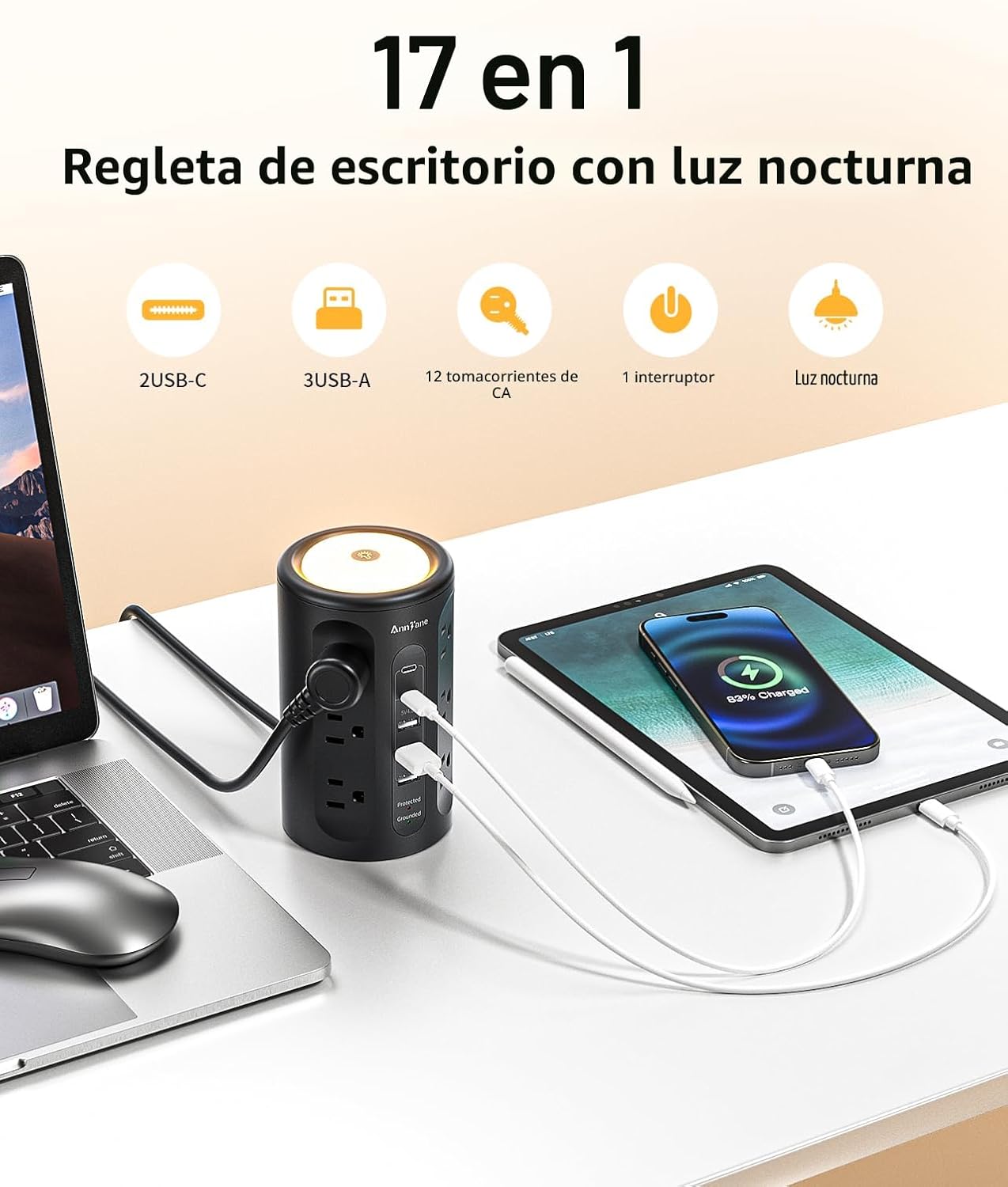 Torre alimentación con luz nocturna USB 10pies