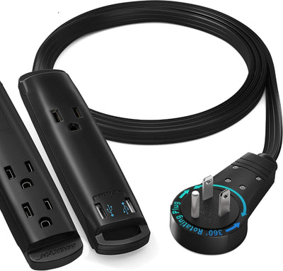 Cable extensión 1ft con puertos USB enchufe giratorio 360 negro