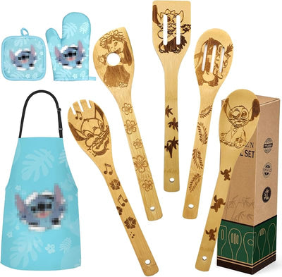 Set utensilios cocina bambú delantal guantes regalo