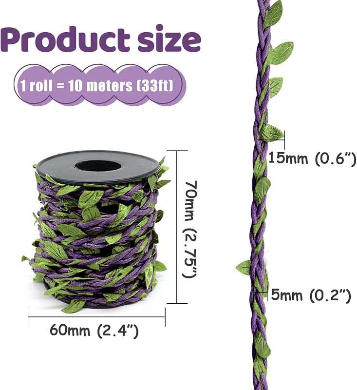 Cordel encerado 33ft hojas verdes y morado para manualidades