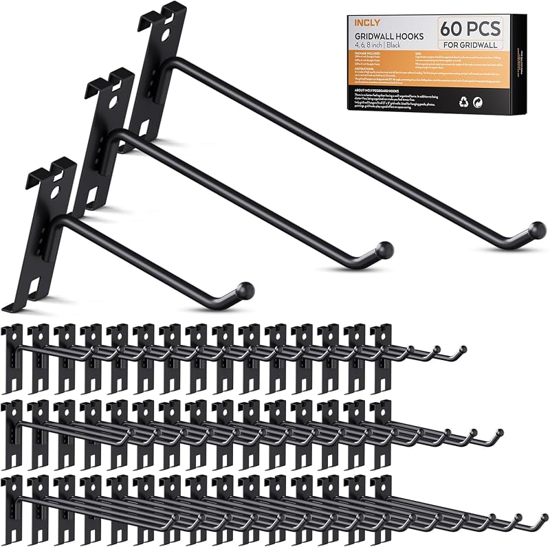 Ganchos rejilla 4-8pulg pack 60 negros para almacenar ropa