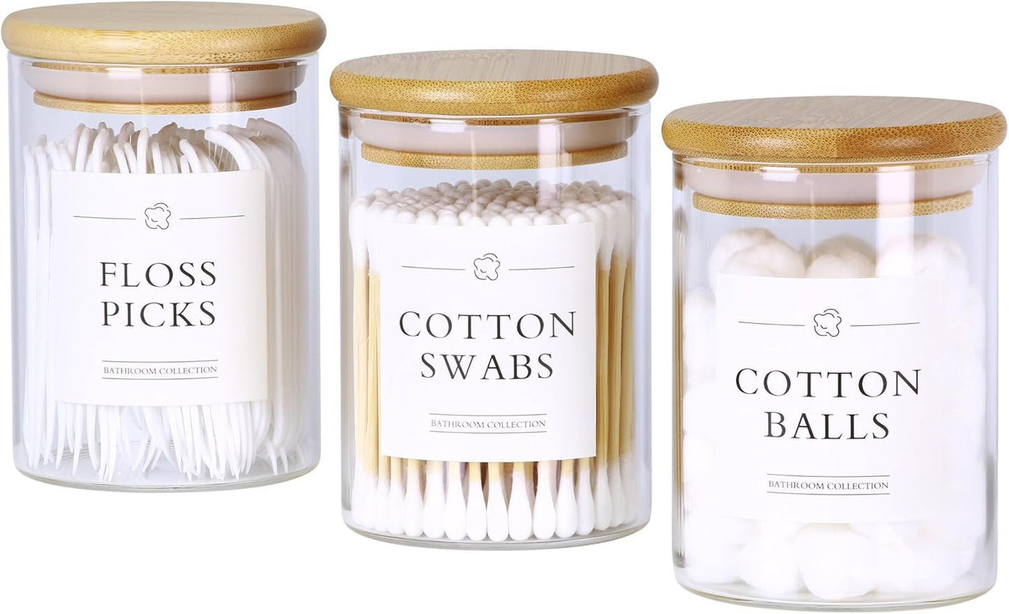 3 Dispensadores Qtip Vidrio con Tapas Soporte Bambú