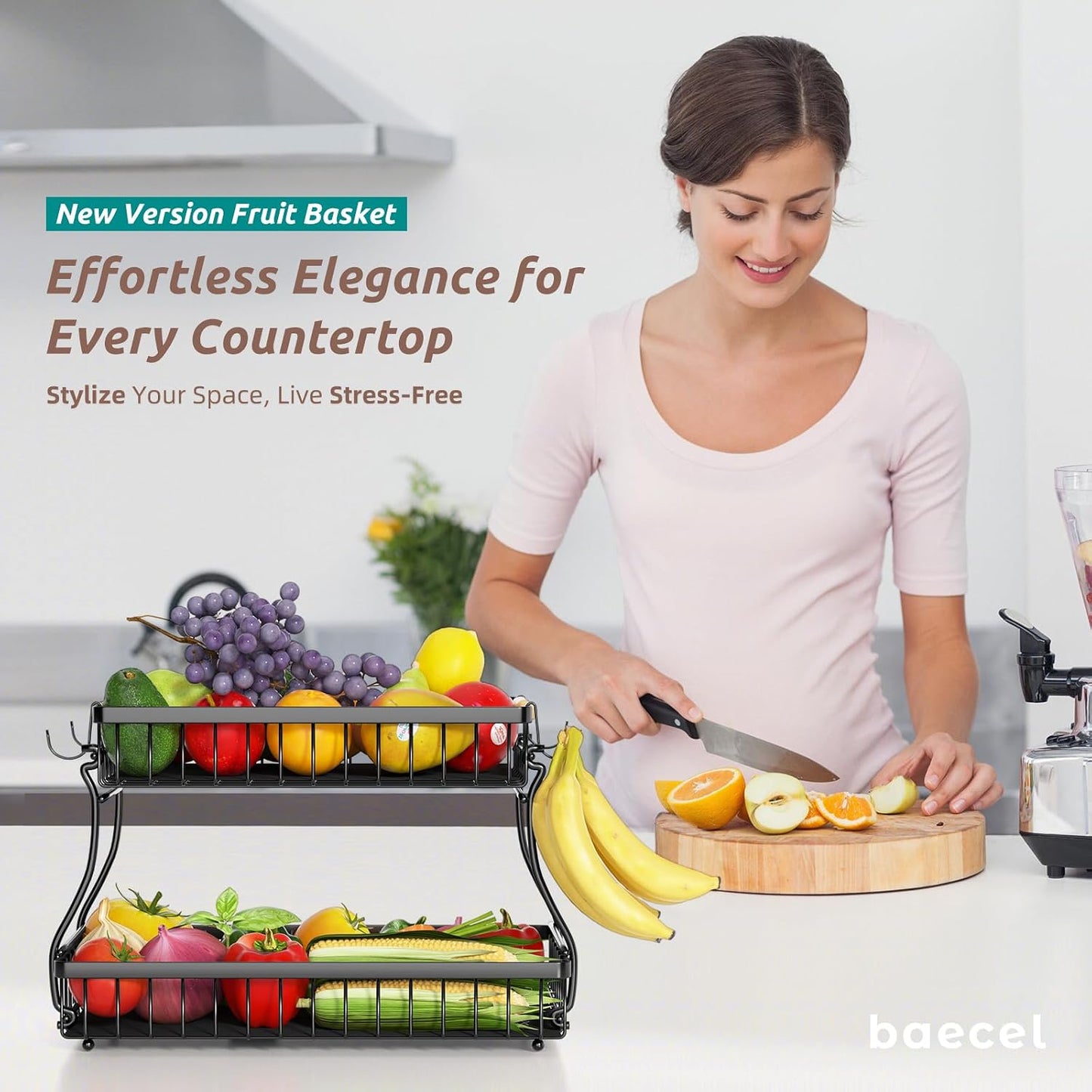 Cesta frutas 2 niveles 4 ganchos plátanos desmontable encimera