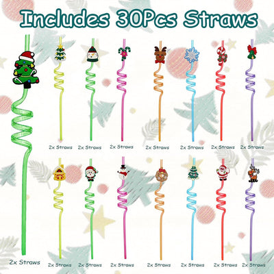 30 Pzas Popotes Navidad Reutilizables con Dibujos Animados