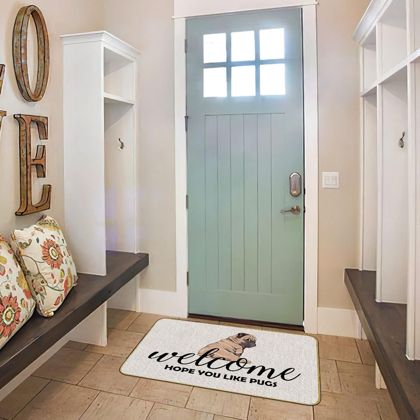 Tapete bienvenida pugs 30x17" para puerta entrada