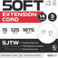 Cable extensión 15A 50 ft 14/3 clavija 3 pzas blanco