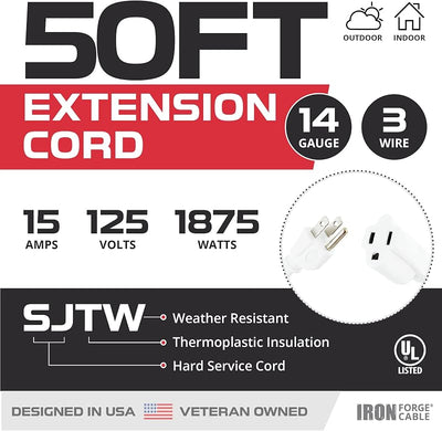 Cable extensión 15A 50 ft 14/3 clavija 3 pzas blanco