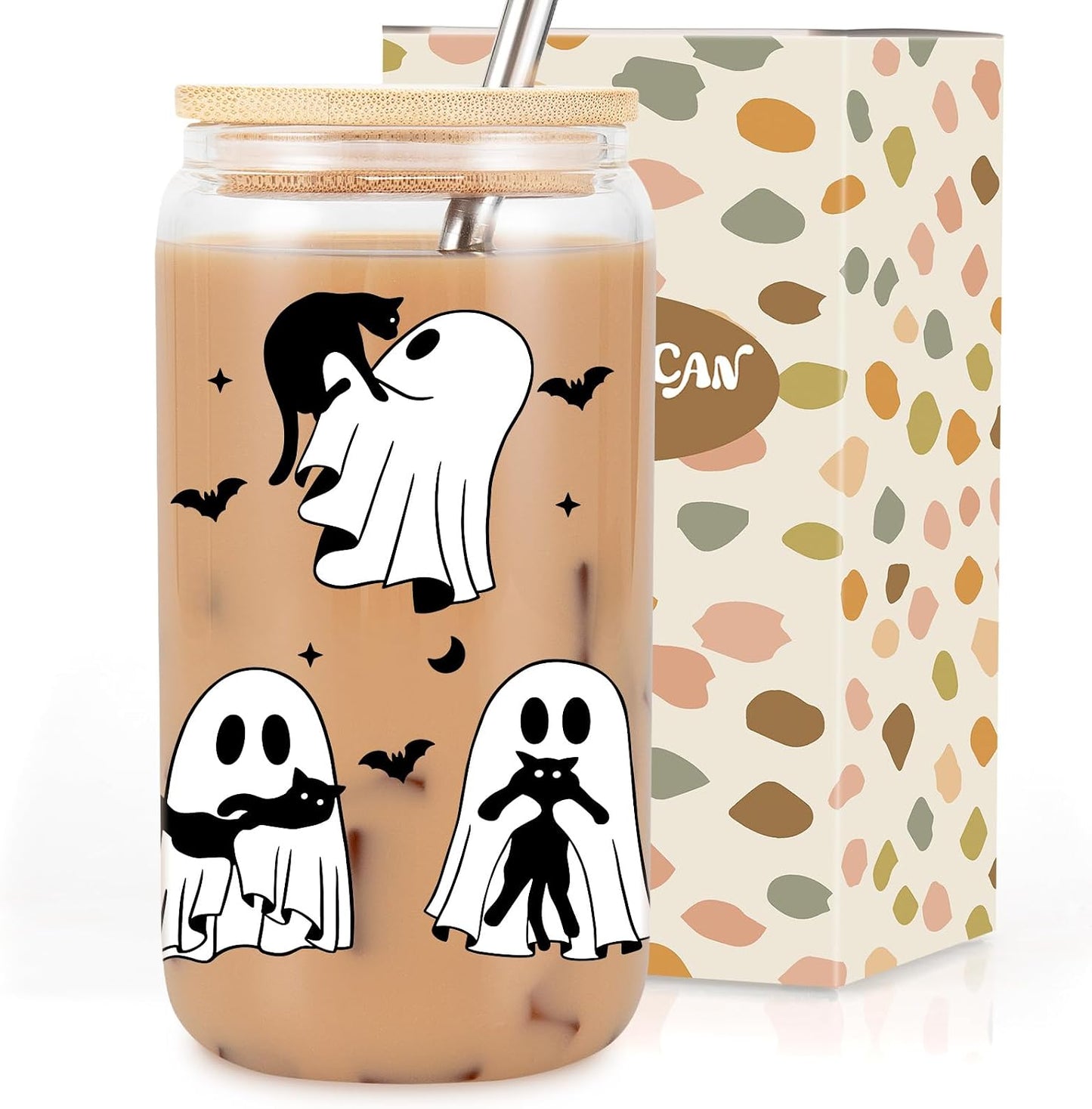 Vaso vidrio gato negro halloween 16oz con popote