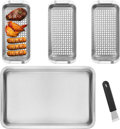 Set 5 Canastas Acero Inox para Parrilla 16x11pulg Asa Clip