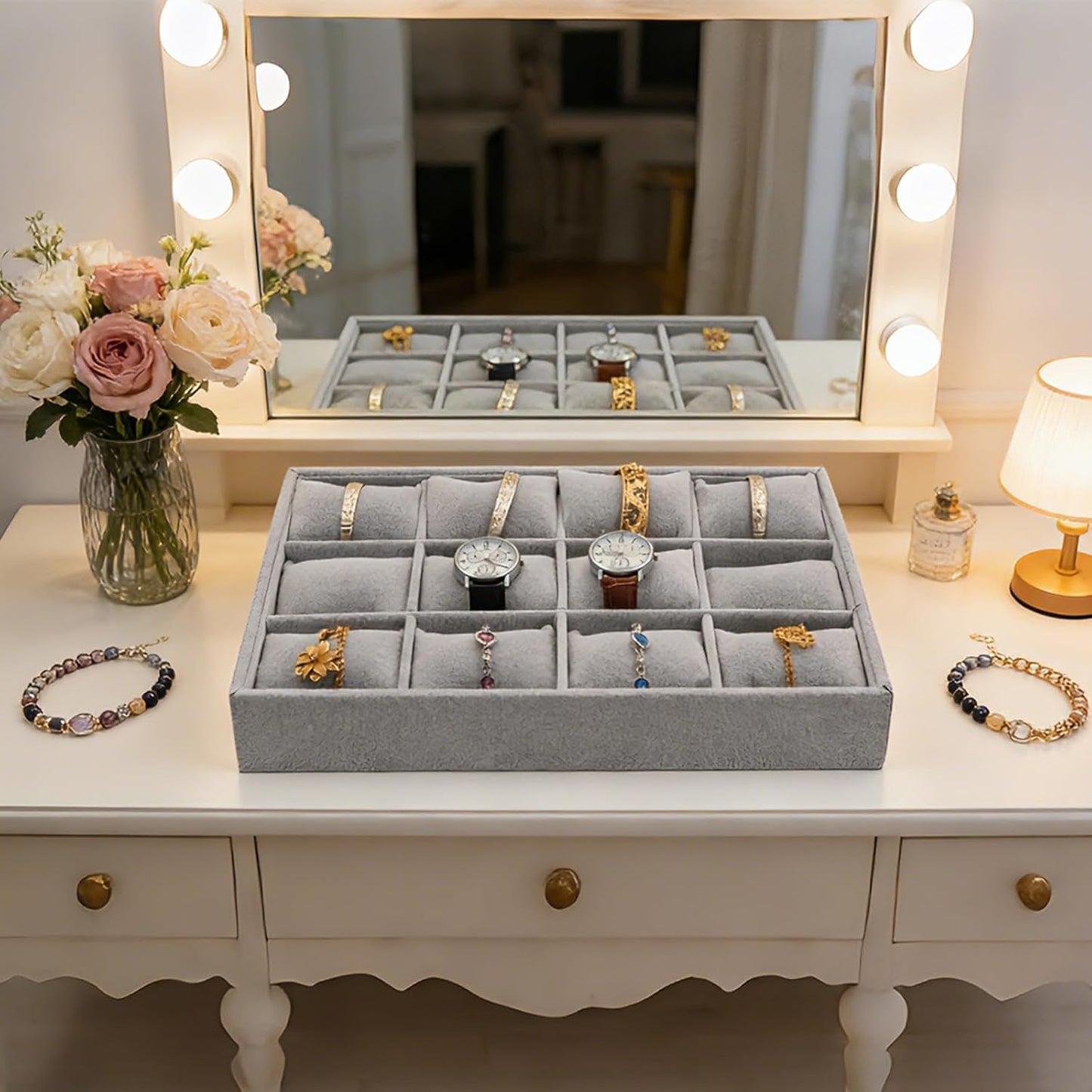 Bandeja terciopelo gris 12 cuadrículas para joyas y relojes