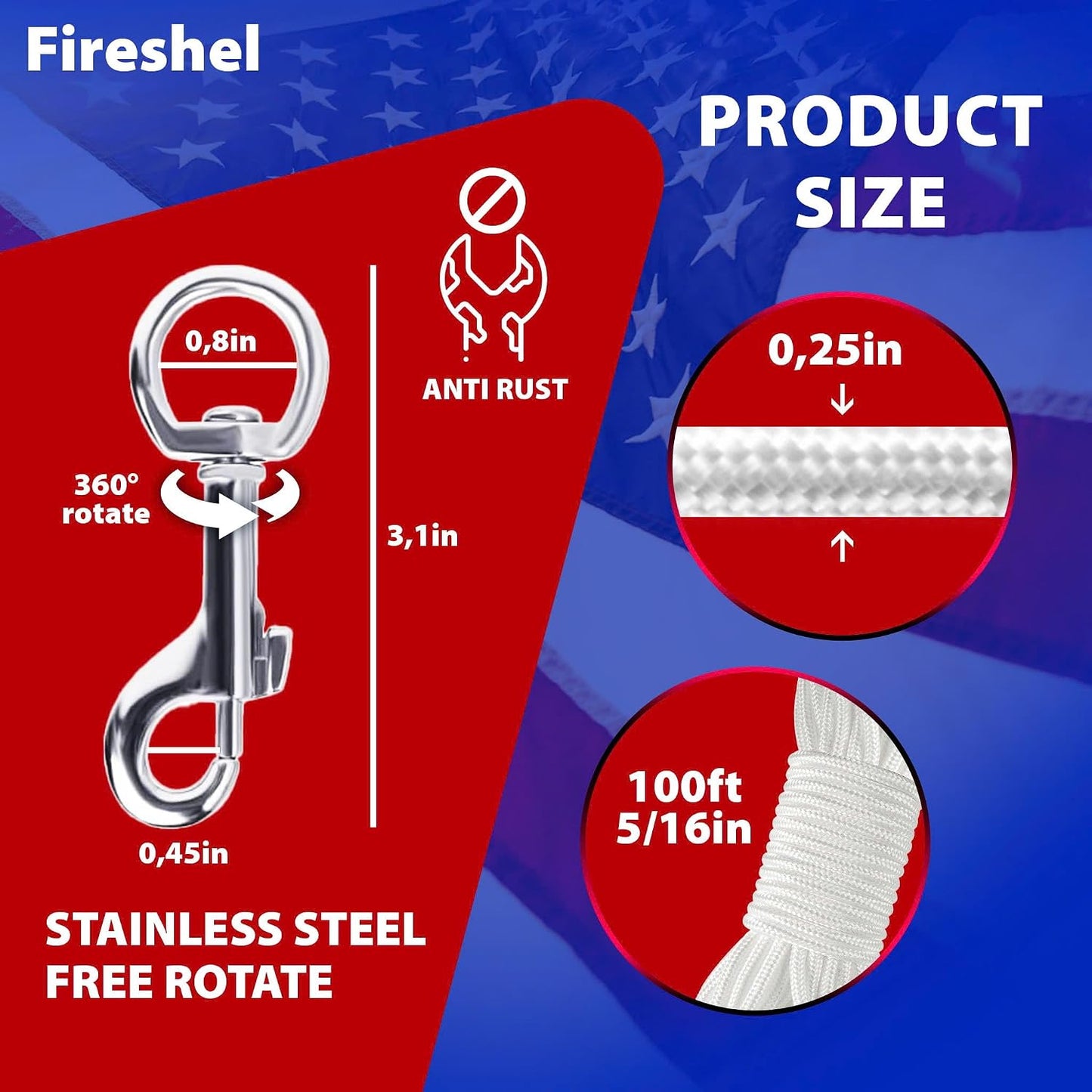 Kit cuerda asta bandera 5/16" 100ft duradero UV resistente