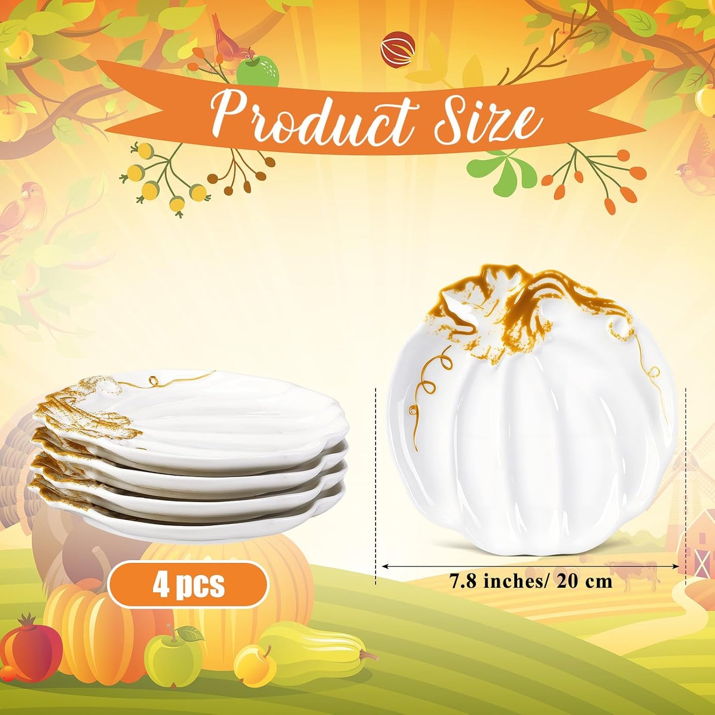 4 Platos Cerámica Calabaza 7.87pulg Halloween Otoño