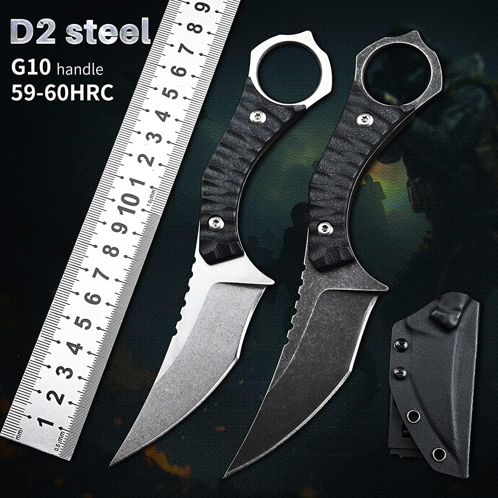 Cuchillo fijo acero D2 G10 mango EDC con funda Kydex plata