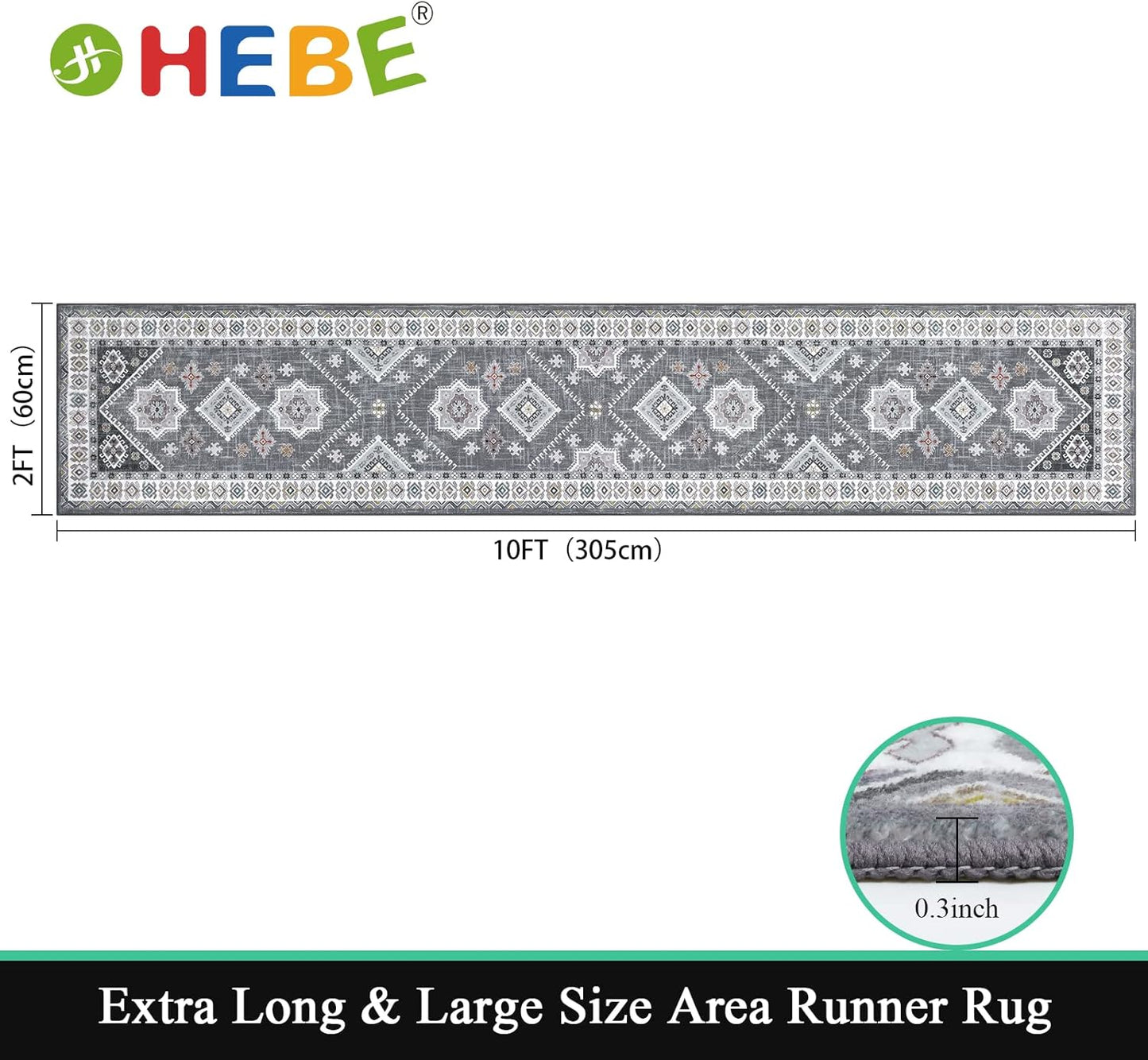 Alfombra pasillo 2x10ft antiderrap estilo bohemio gris