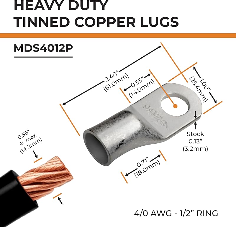25 Lengüetas Cable Batería Cobre Estañado 4/0 AWG 1/2"