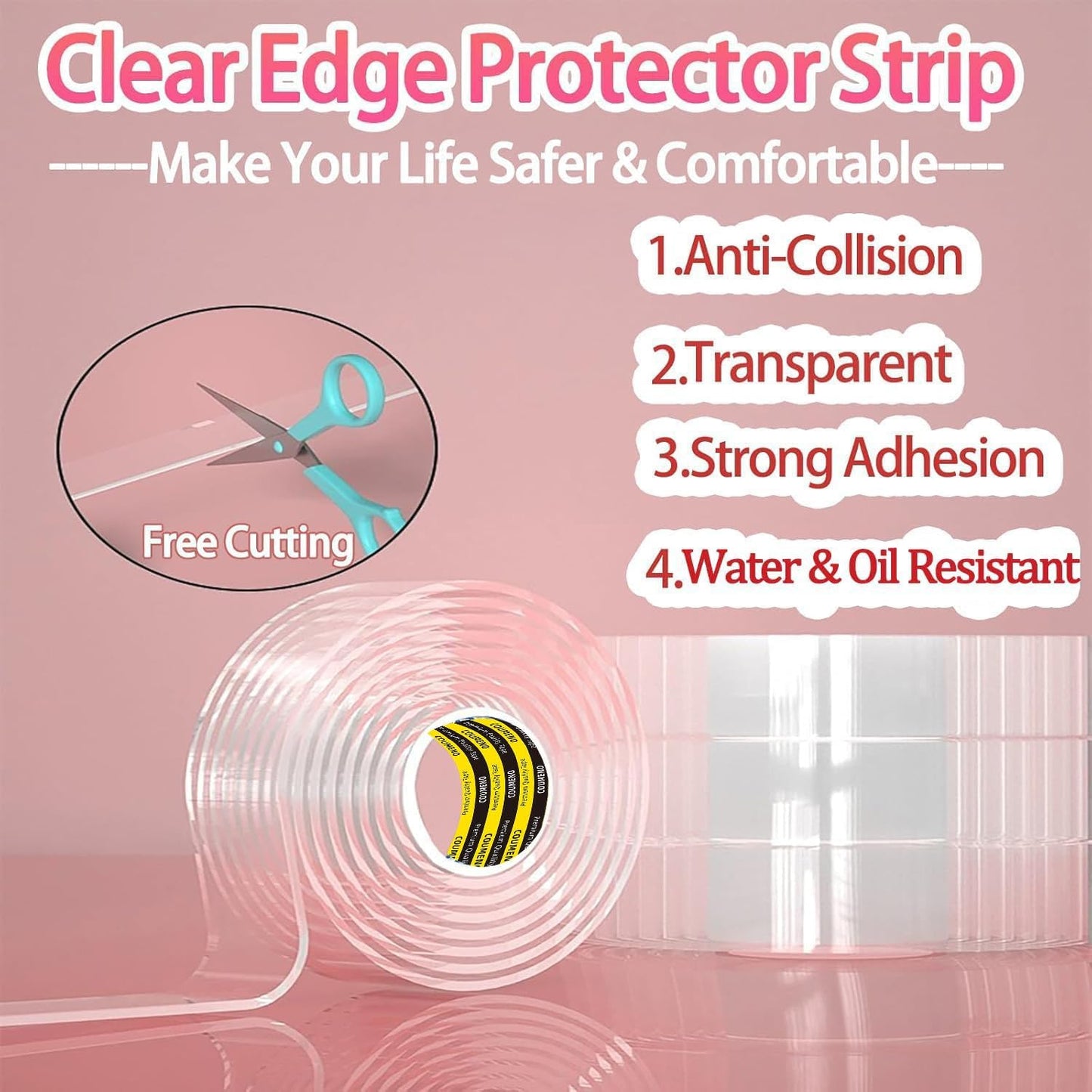 Protector borde transparente 1.2pulg x 6.6ft para muebles