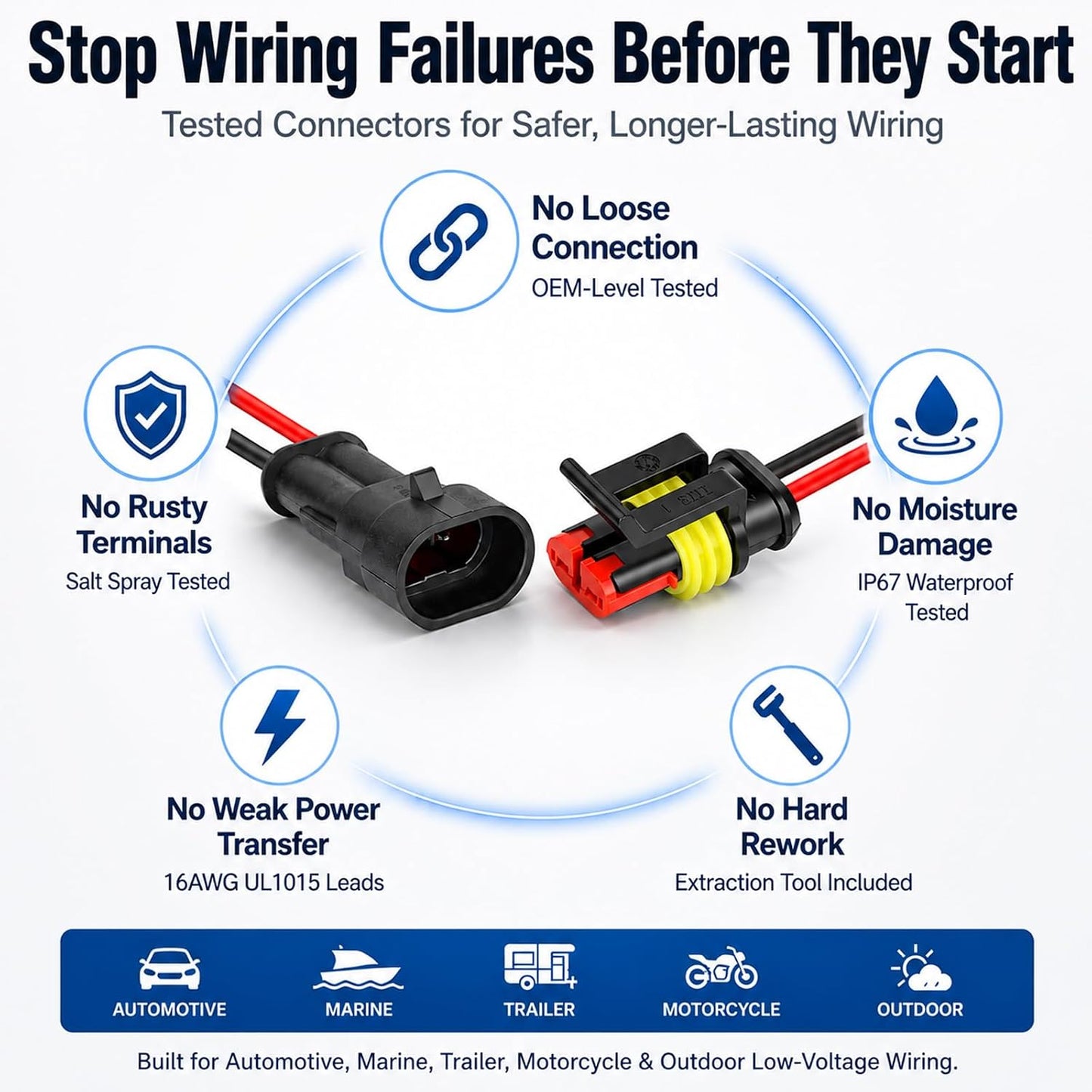Conectores cable 2 pines 16AWG IP67 UL1015 con herramienta