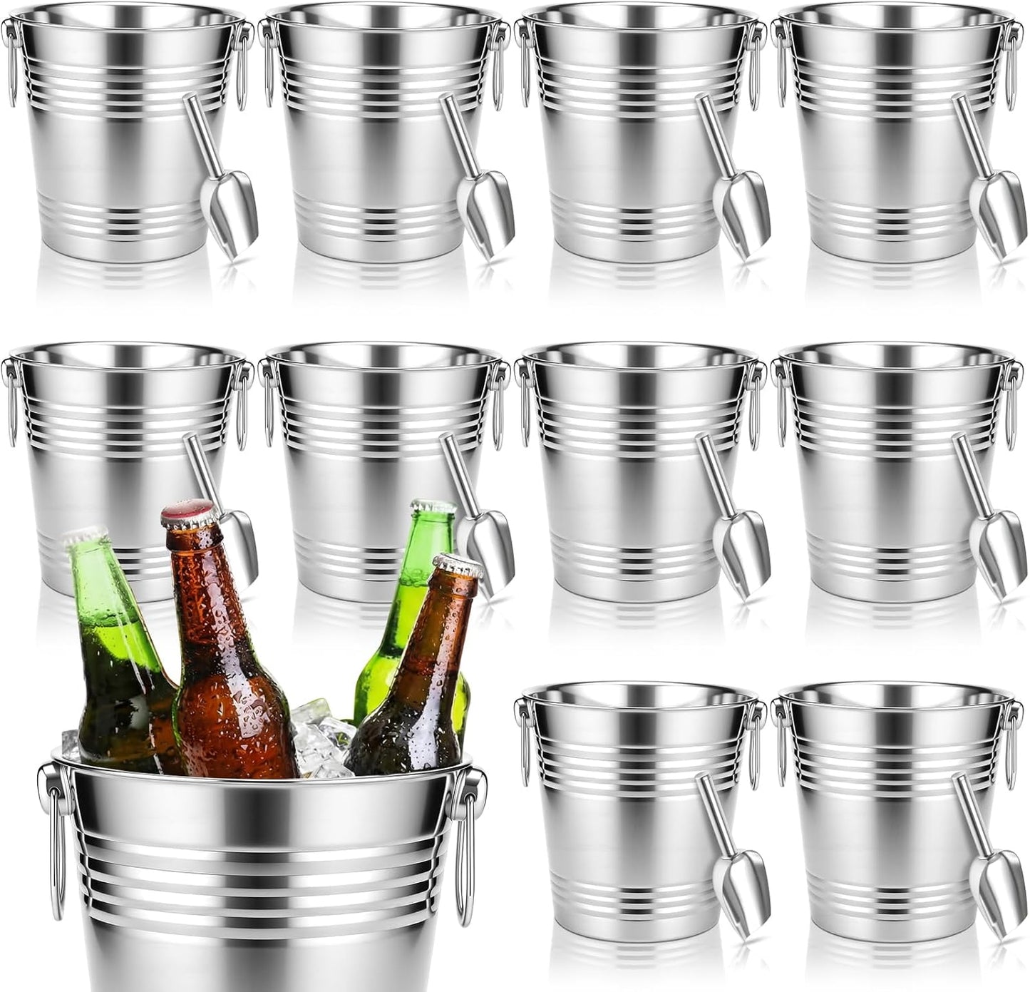 Set 10 Cubos Hielo Acero Inox 5L Con Cuchara Para Fiestas