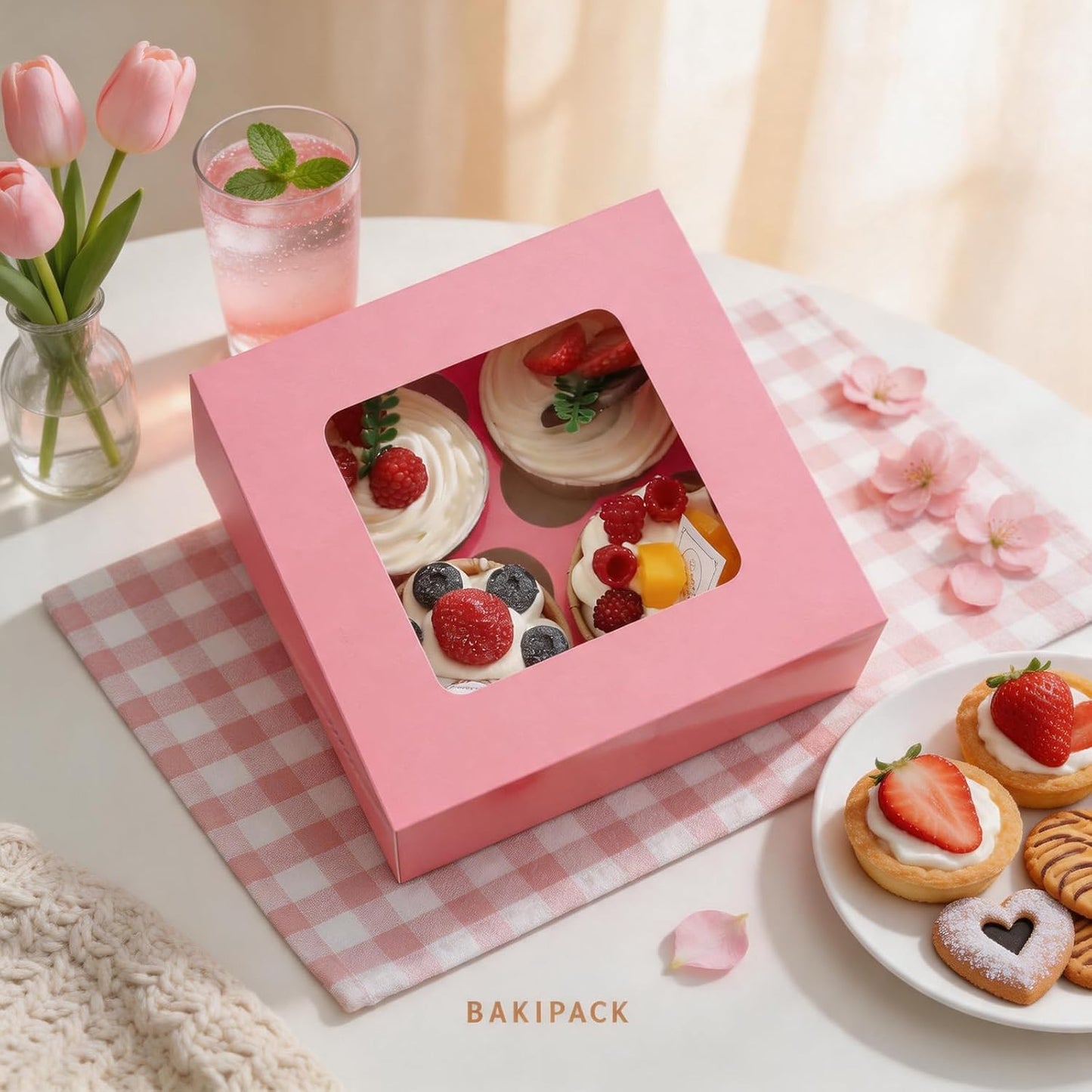 25 Cajas Rosas para Cupcakes 6.3x6.3x3" con Ventana