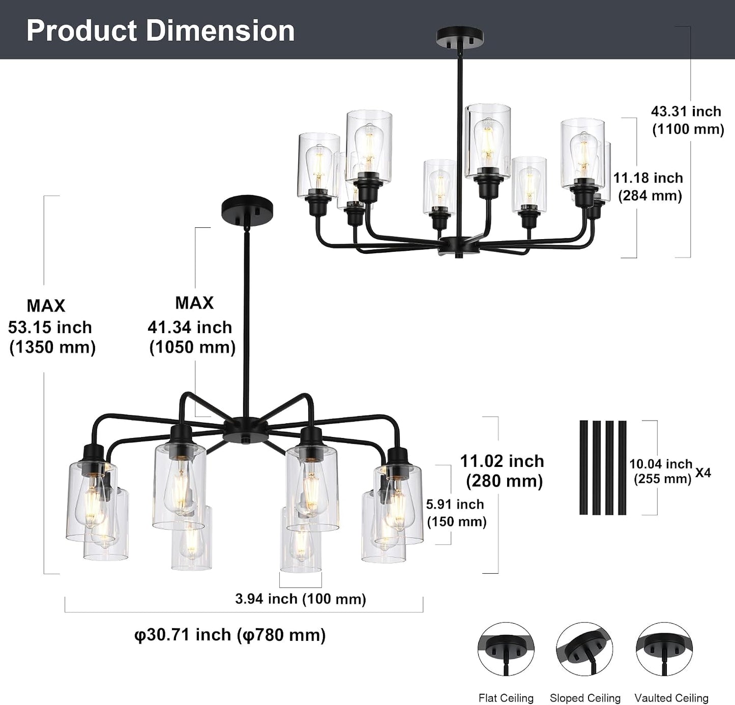 Candelabro negro 8 luces vidrio e26 industrial