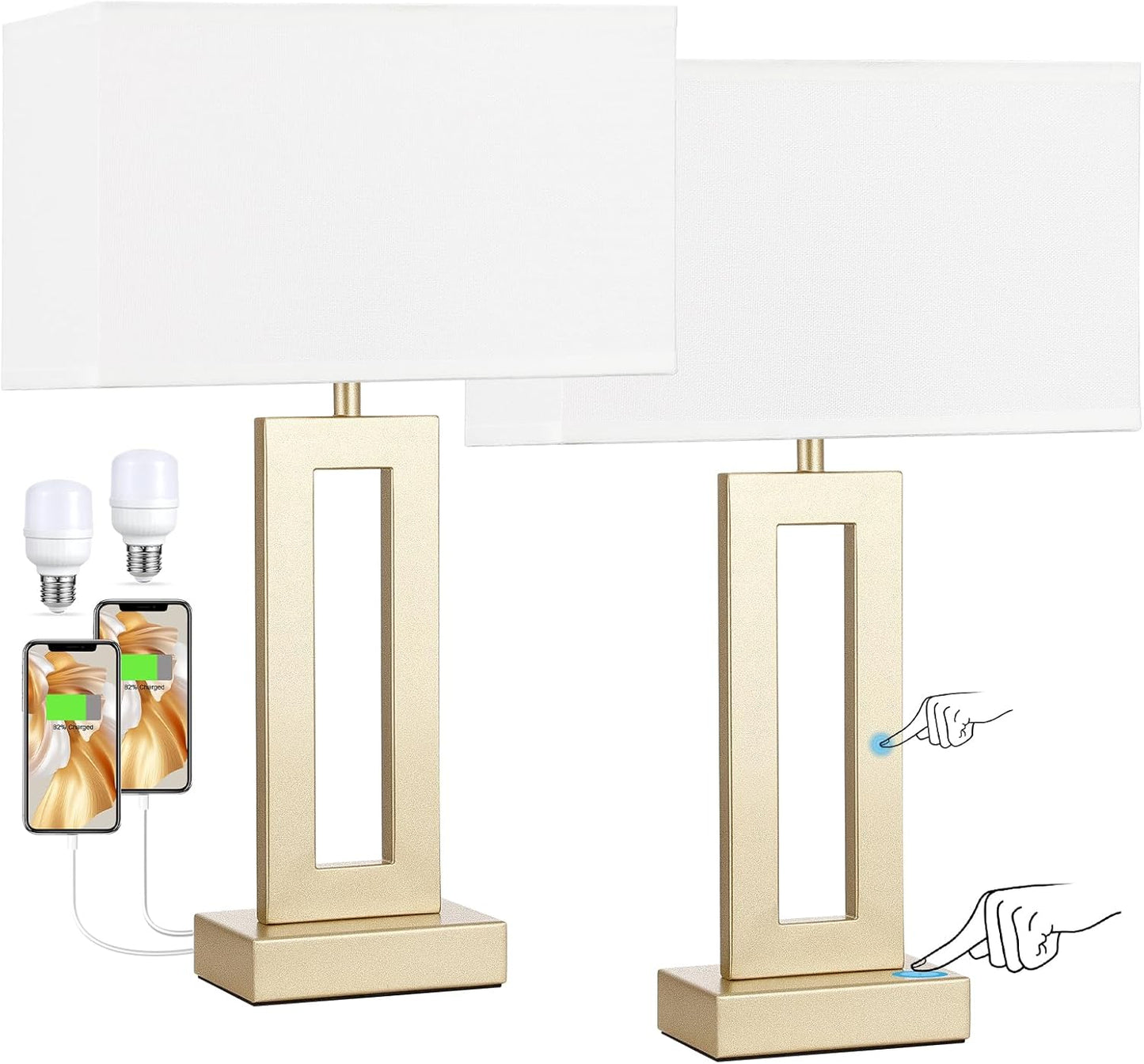 2 Lámparas mesita táctil USB CA regulables 3 vías blanco