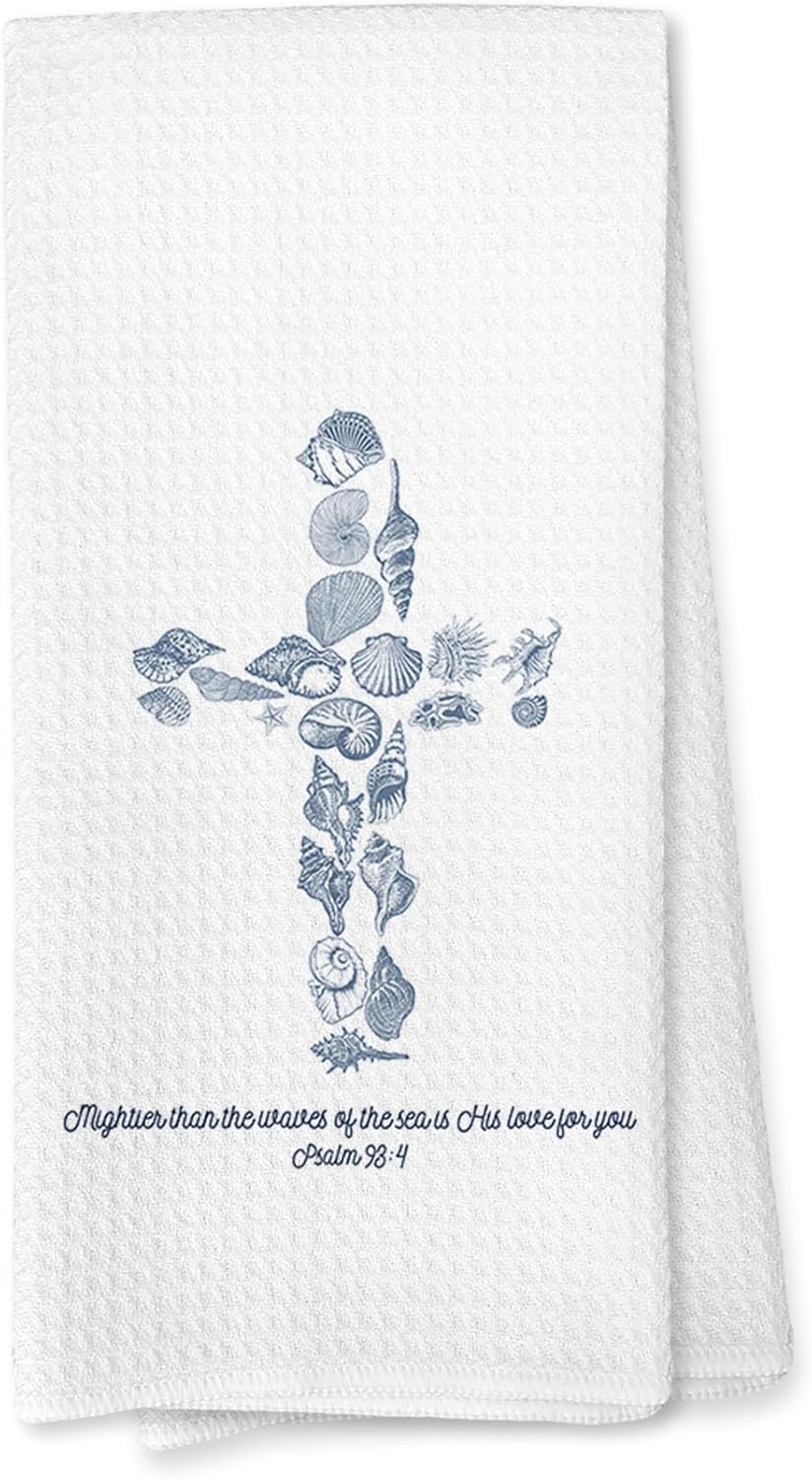 Toallas de cocina con cruz cristiana, decoración religiosa, versiculo biblico, océano y conchas