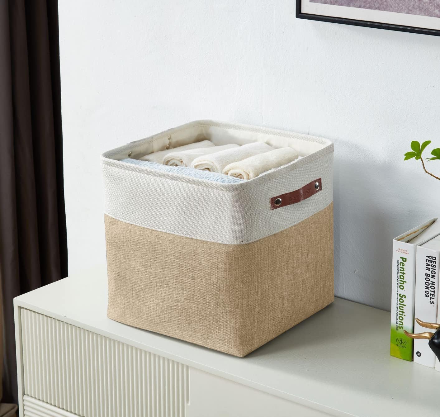 4 Cestas Almacenamiento 11x11" Beige y Blanco