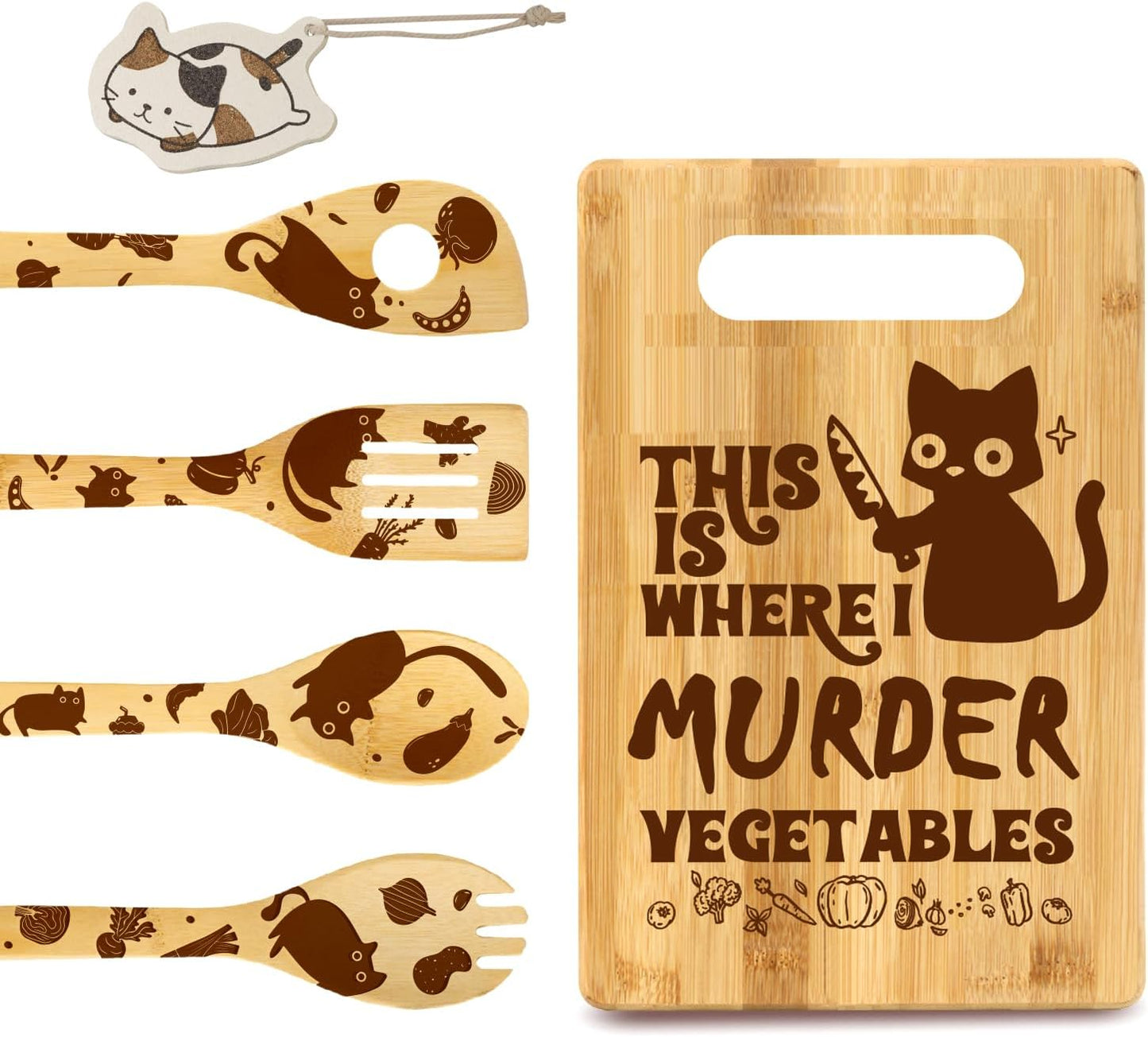 Tabla corte gato negro asesino con 4 cucharas y esponja