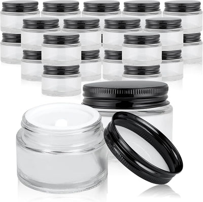 24 Tarros Vidrio 2oz Tapas Negro Vacíos Cosméticos Viaje