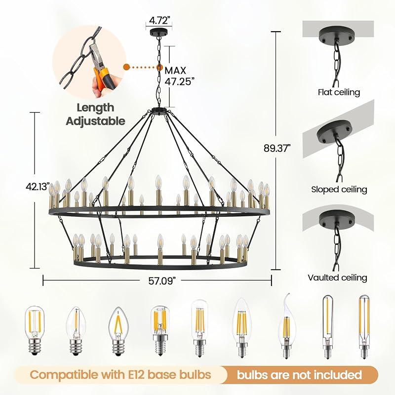 Lámpara araña 57pulg 48 luces negra y dorada comedor