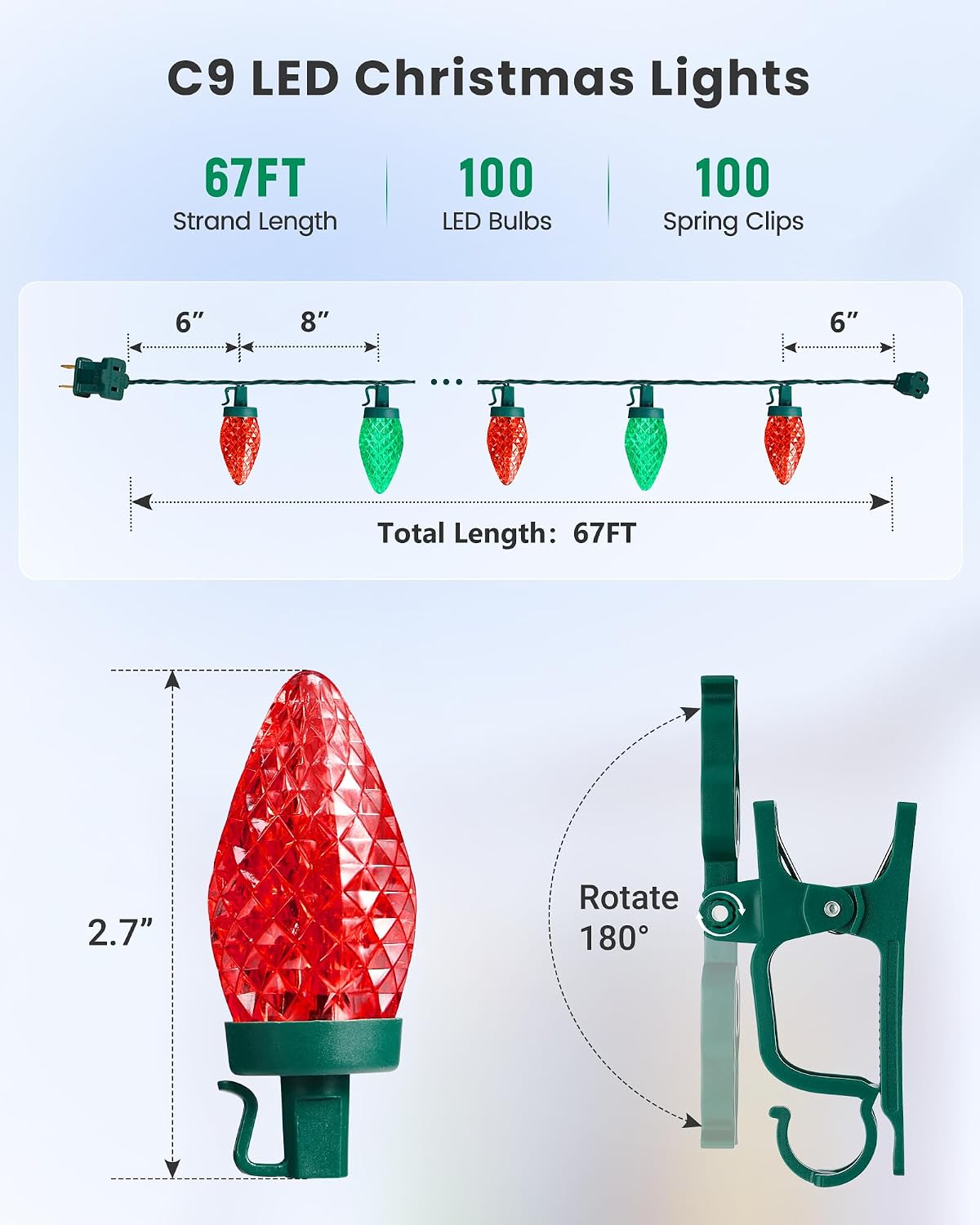 Tira luces LED C9 67ft con 100 clips rojo y verde