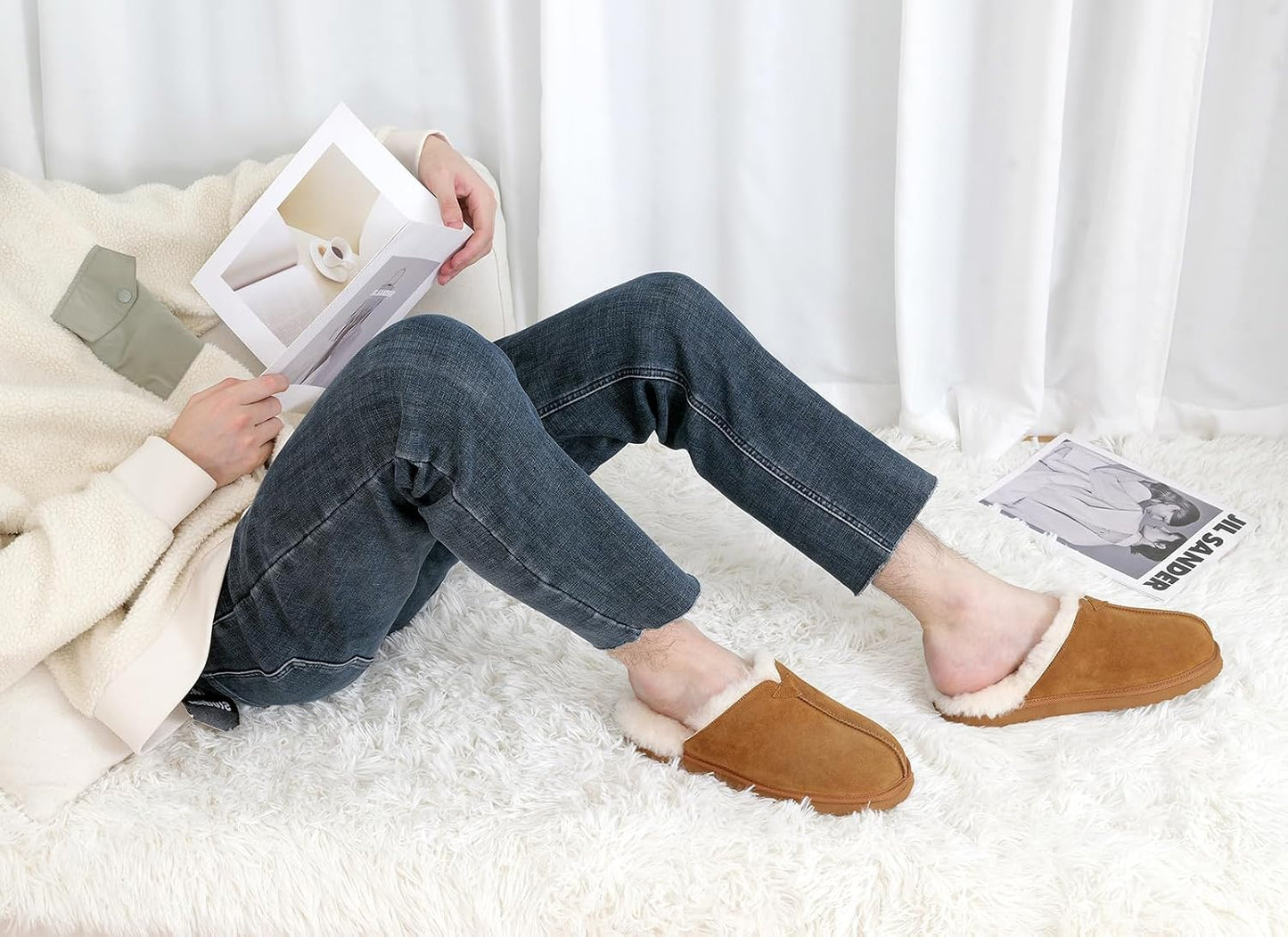 Pantuflas piel oveja suela goma antiderrap tipo mocasín