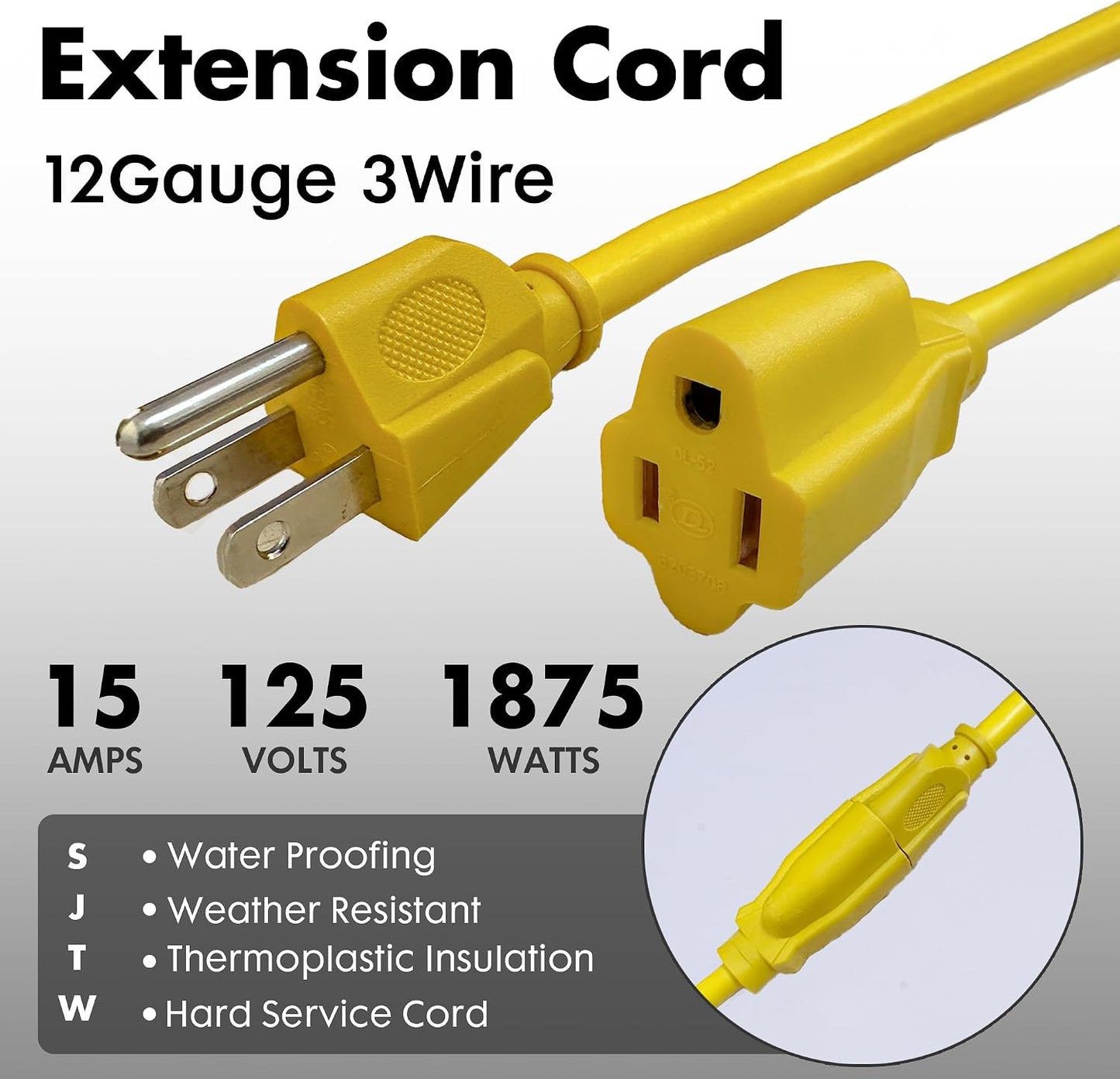 Cable extensión amarillo 1 pie SJTW 15A trabajo pesado