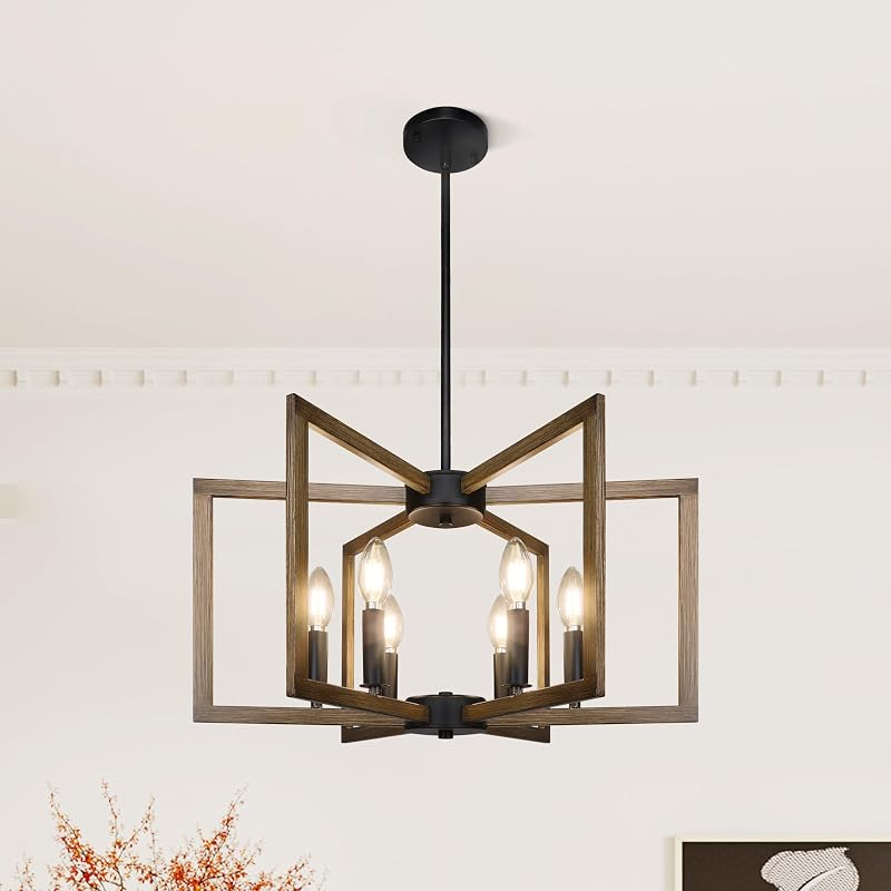 Lámpara colgante 6 luces cocina comedor madera retro