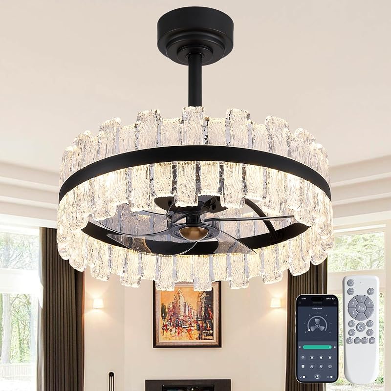 Ventilador techo enjaulado 20" LED vidrio ondulado negro