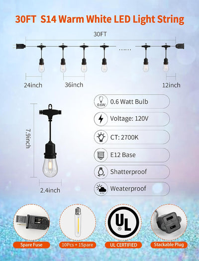 Tira luces exterior 30ft LED impermeable blanco cálido