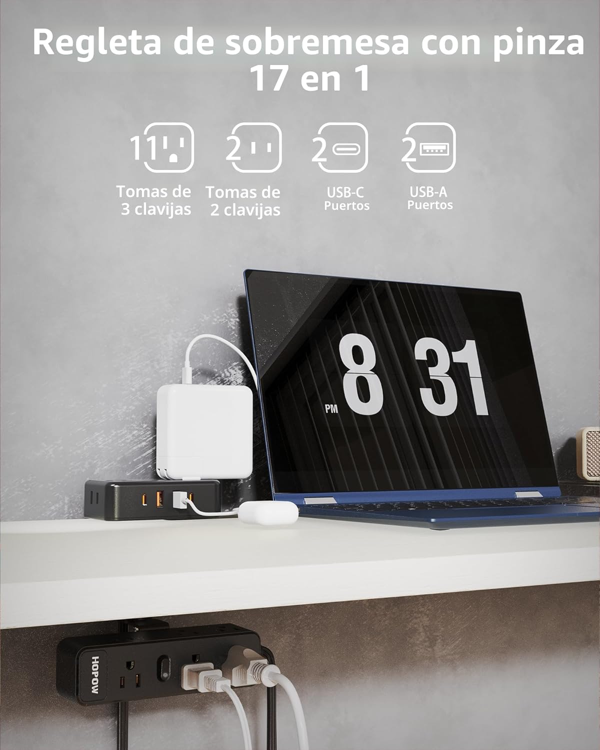 Regleta escritorio doble capa 13 tomas 4 USB con proteccion