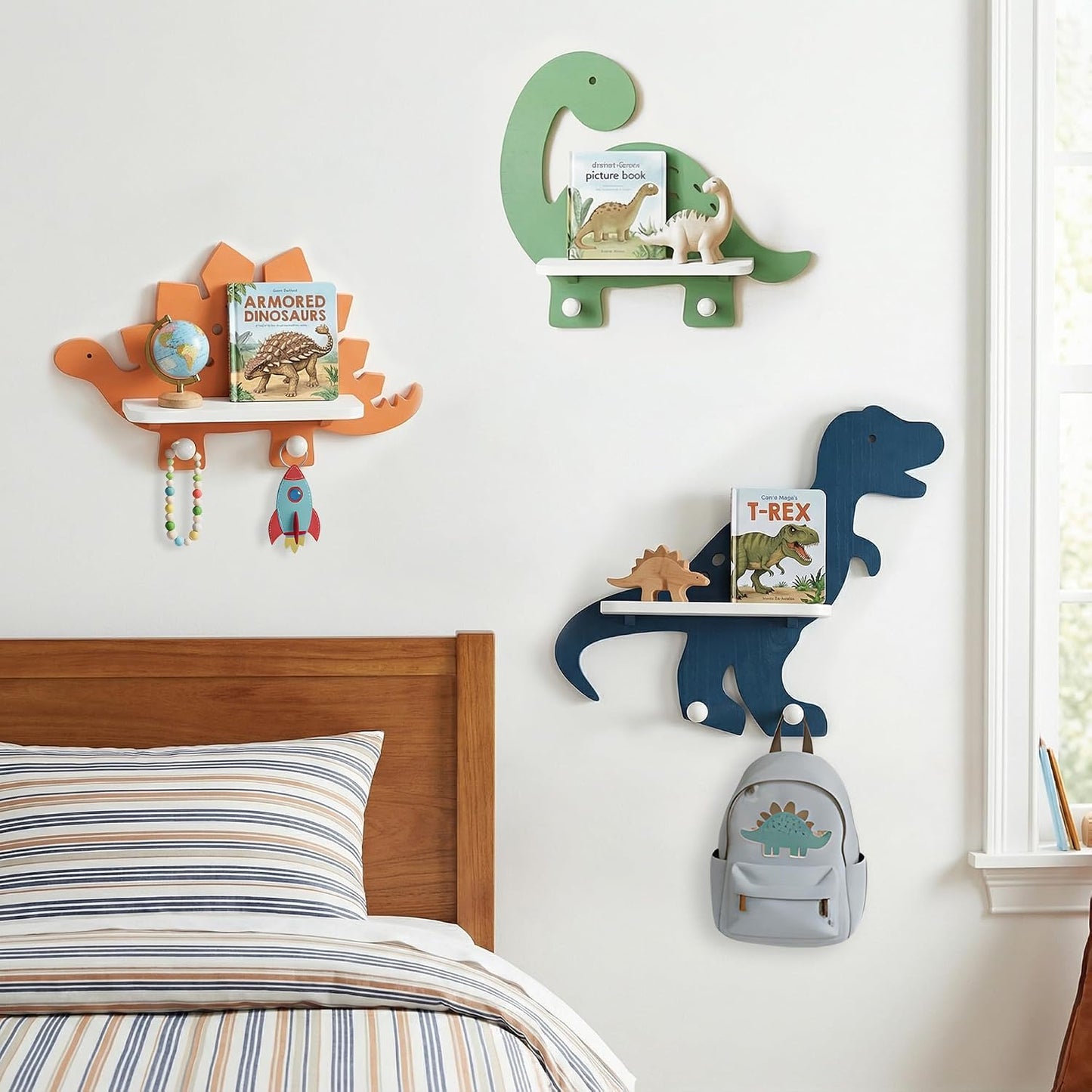 Estante dinosaurio madera con ganchos sala set