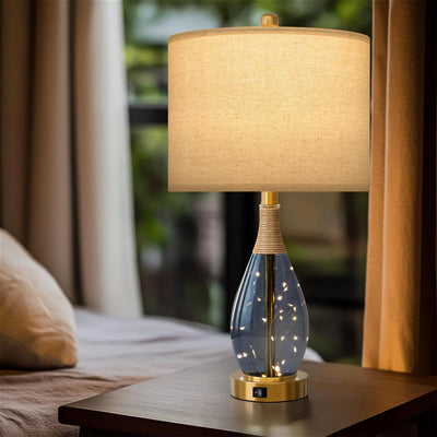 2 Lámparas Mesa Estilo Granja Ratán Boho Cristal