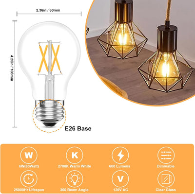 6 Pzas Bombilla LED Edison A19 E26 2700K Blanco Cálido
