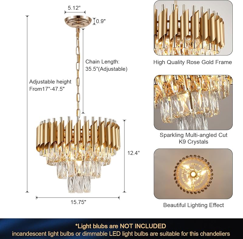 Candelabro cristal dorado 16pulg lámpara colgante