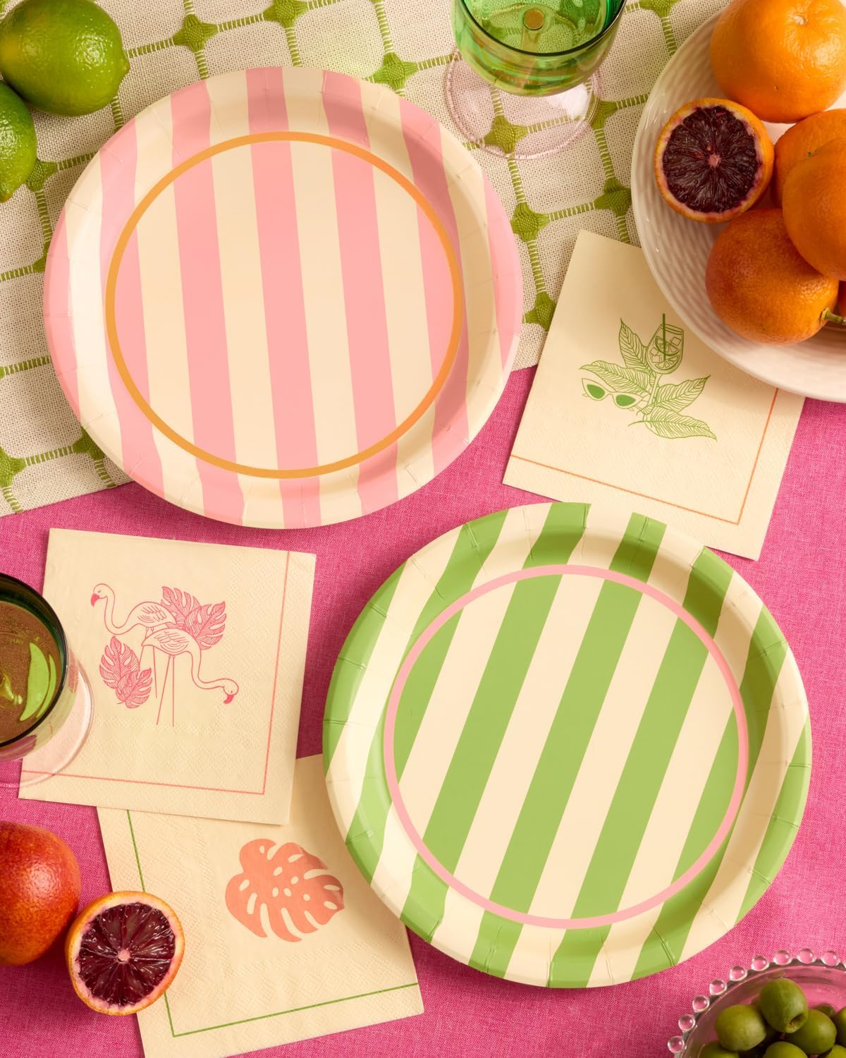 Platos de cabaña a rayas rosa y verde set 24