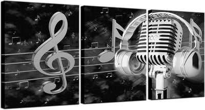 Lienzo arte moderno negro blanco micrófono auriculares