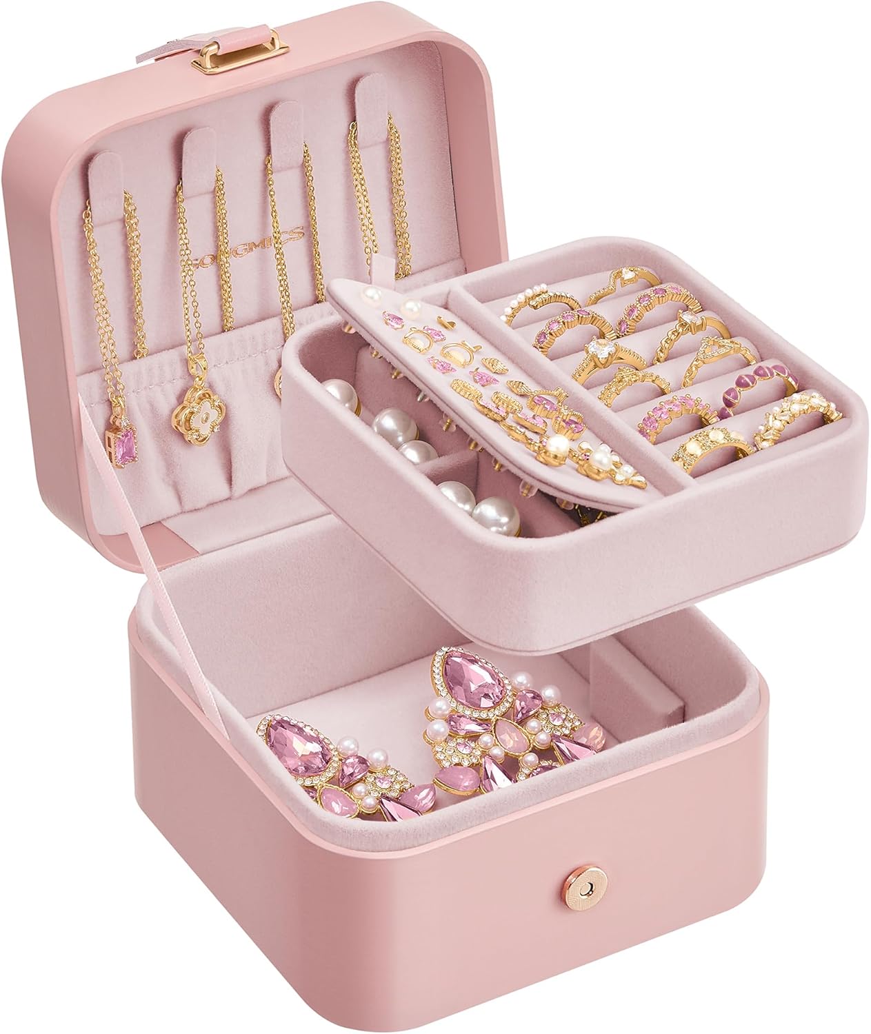 Joyero 2 capas portátil para viaje rosa gelatina