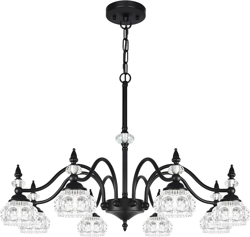 Lámpara araña 8 luces pantalla cristal negro cocina